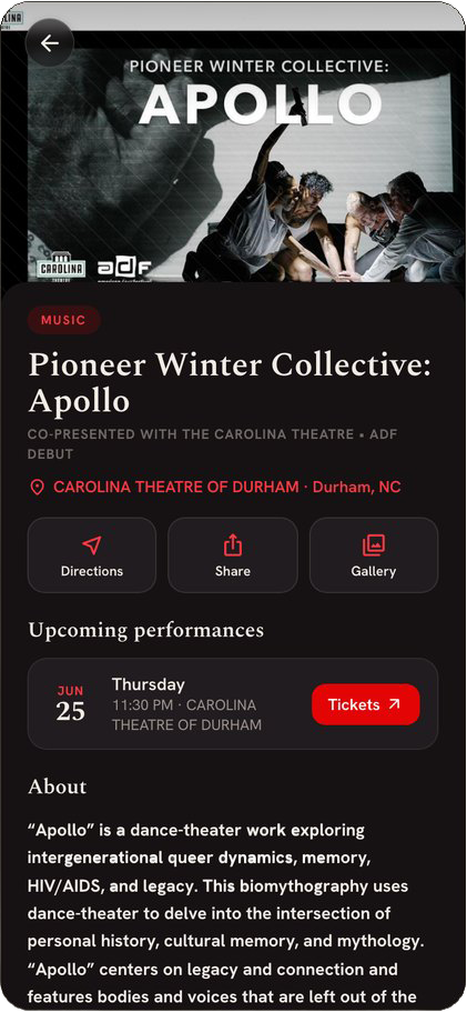 CultureForce — Mobile — event detail, dark theme
