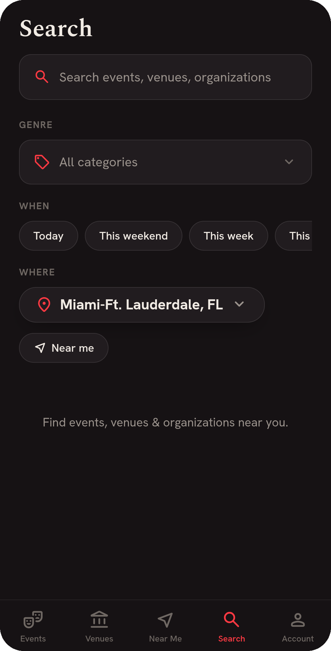 CultureForce — Mobile — unified search across events, venues & organizations