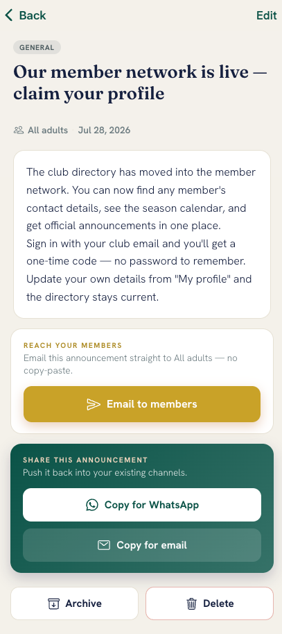 Connectista — Mobile — announcement with one-tap share to email & WhatsApp